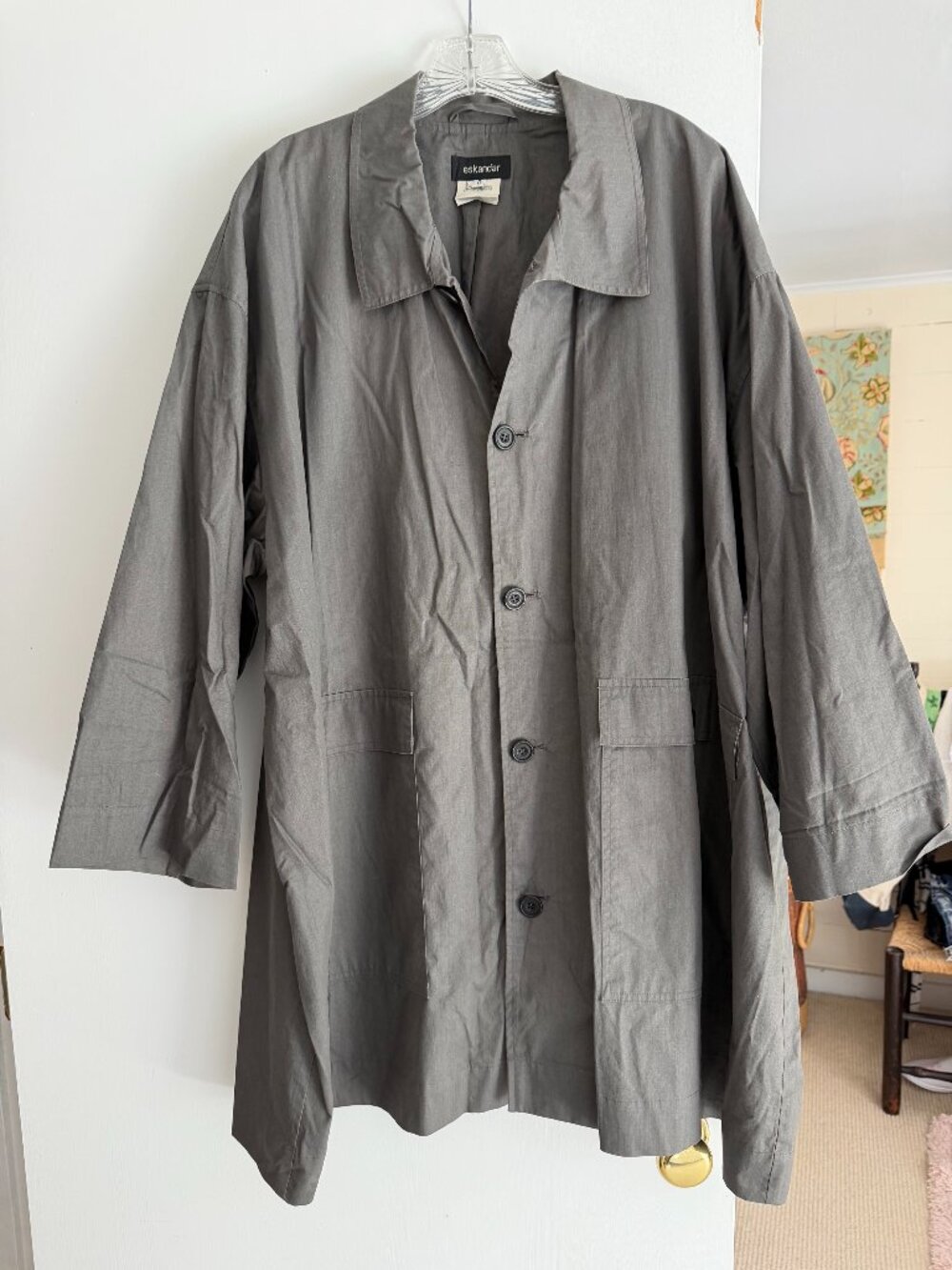 Eskandar: 3/4 length Gray 95% cotton duster coat; Size 0